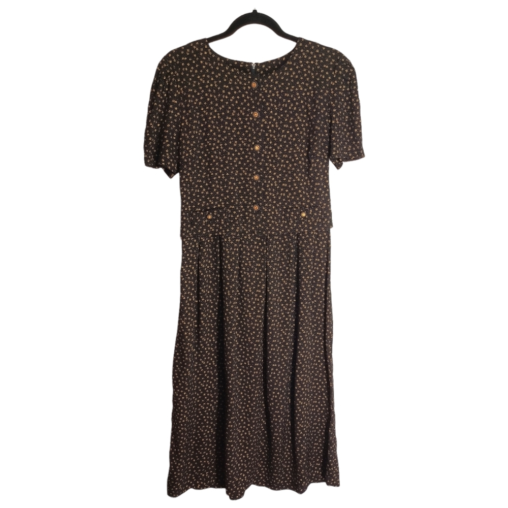 VTG TORI ALEXANDER Gold Print Button Front Short Sleeve Black Dress 10P M